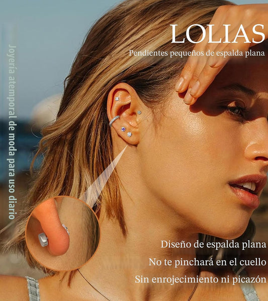 LOLIAS Aretes hipoalergénicos de espalda plana para mujer - Aretes...
