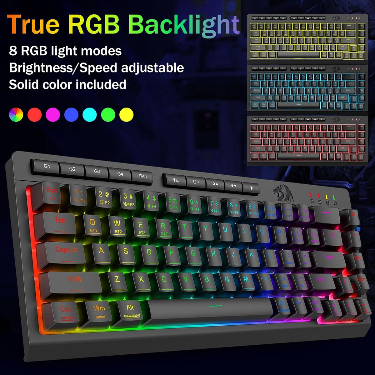 Redragon Teclado Gaming Inalámbrico Portátil, Bluetooth\/2.4GHz\/US...