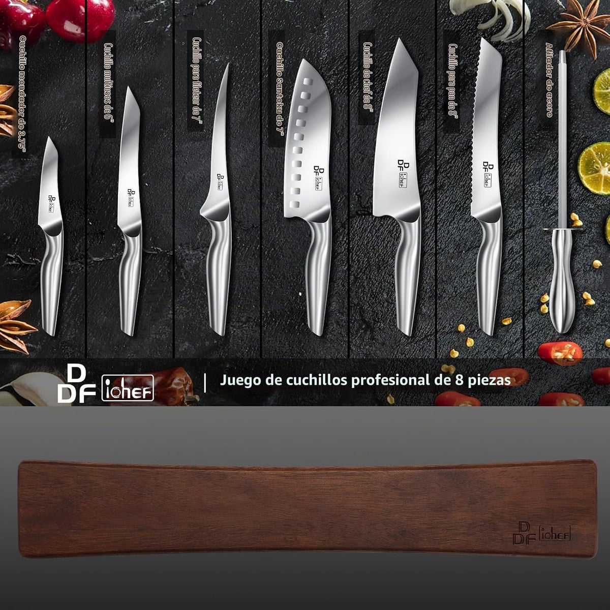 DDF iohEF Juego de cuchillos con tira de cuchillos, juego de 8 cuch...