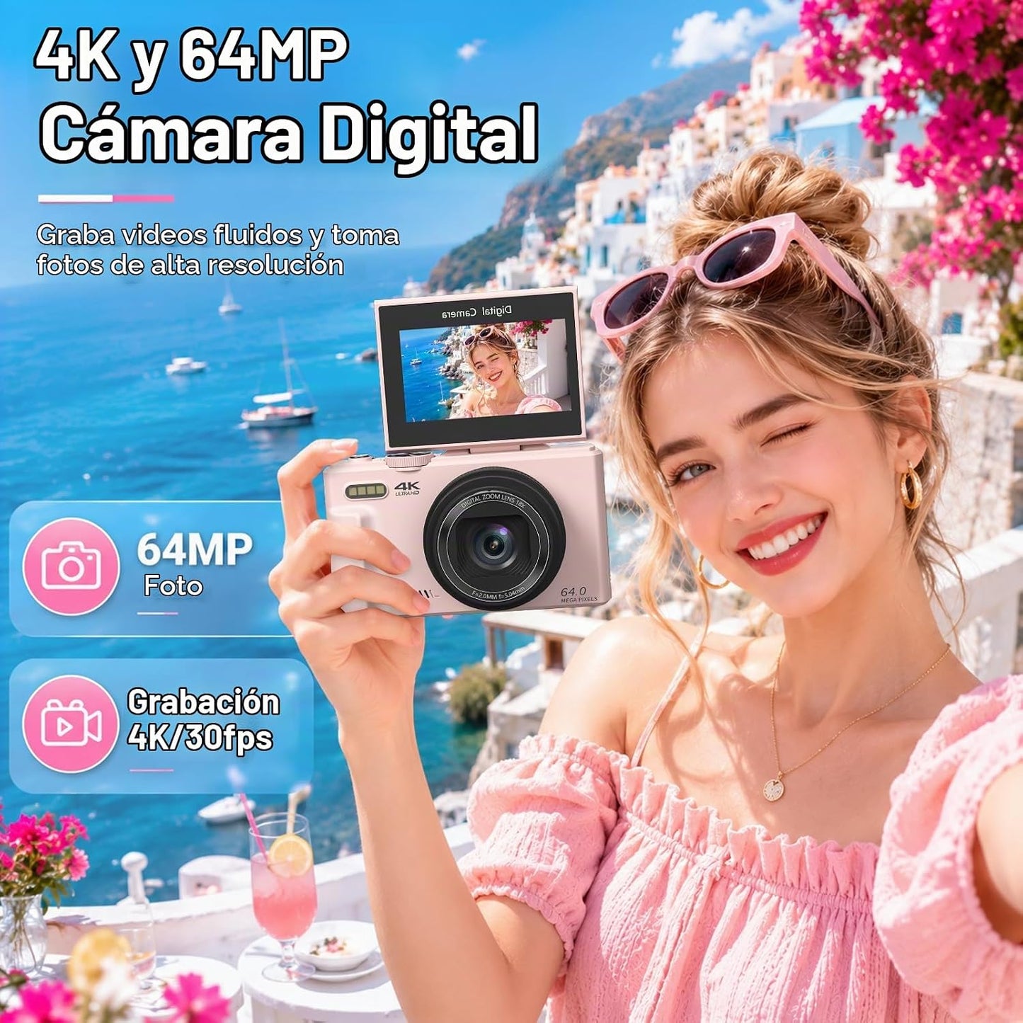 Cámara digital 4K para fotografía, cámara Vlogging de 64MP con pant...