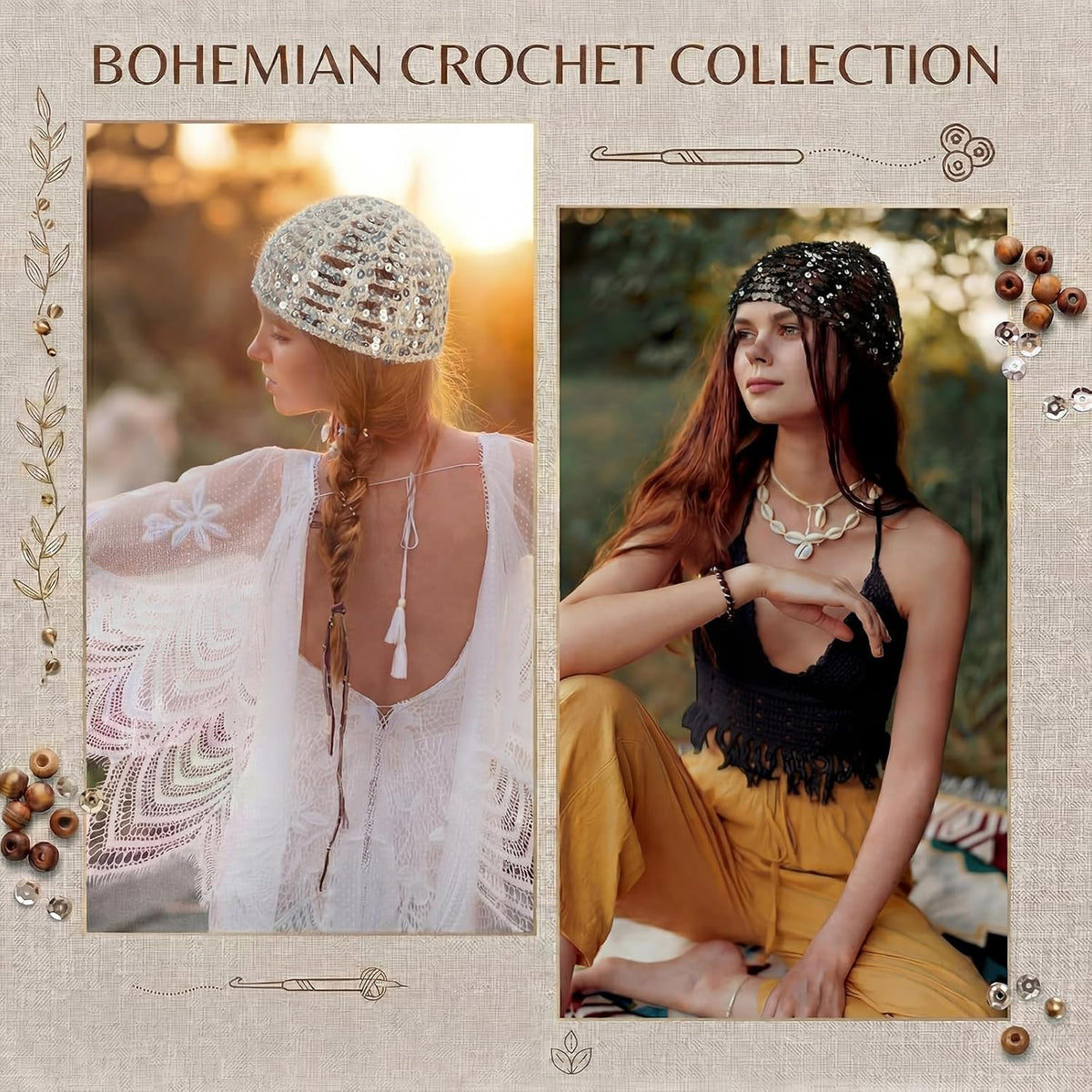 Cuffbow Gorro de ganchillo con lentejuelas brillantes, estilo bohem...