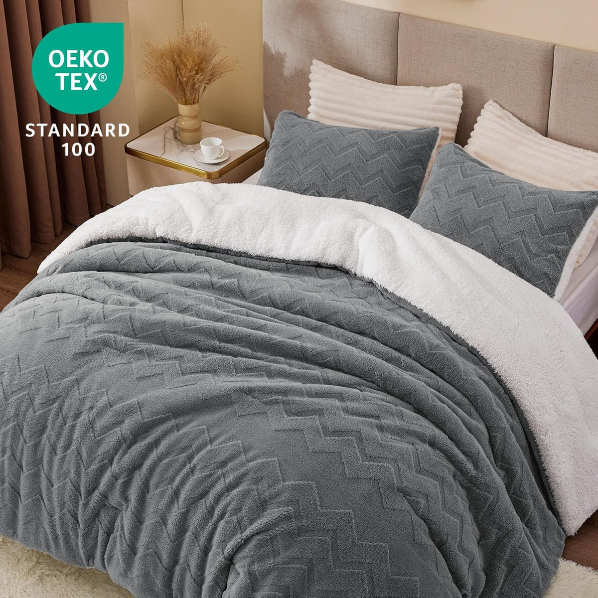 BEDELITE Juego de edredón de sherpa mullido, color gris | Ropa de c...