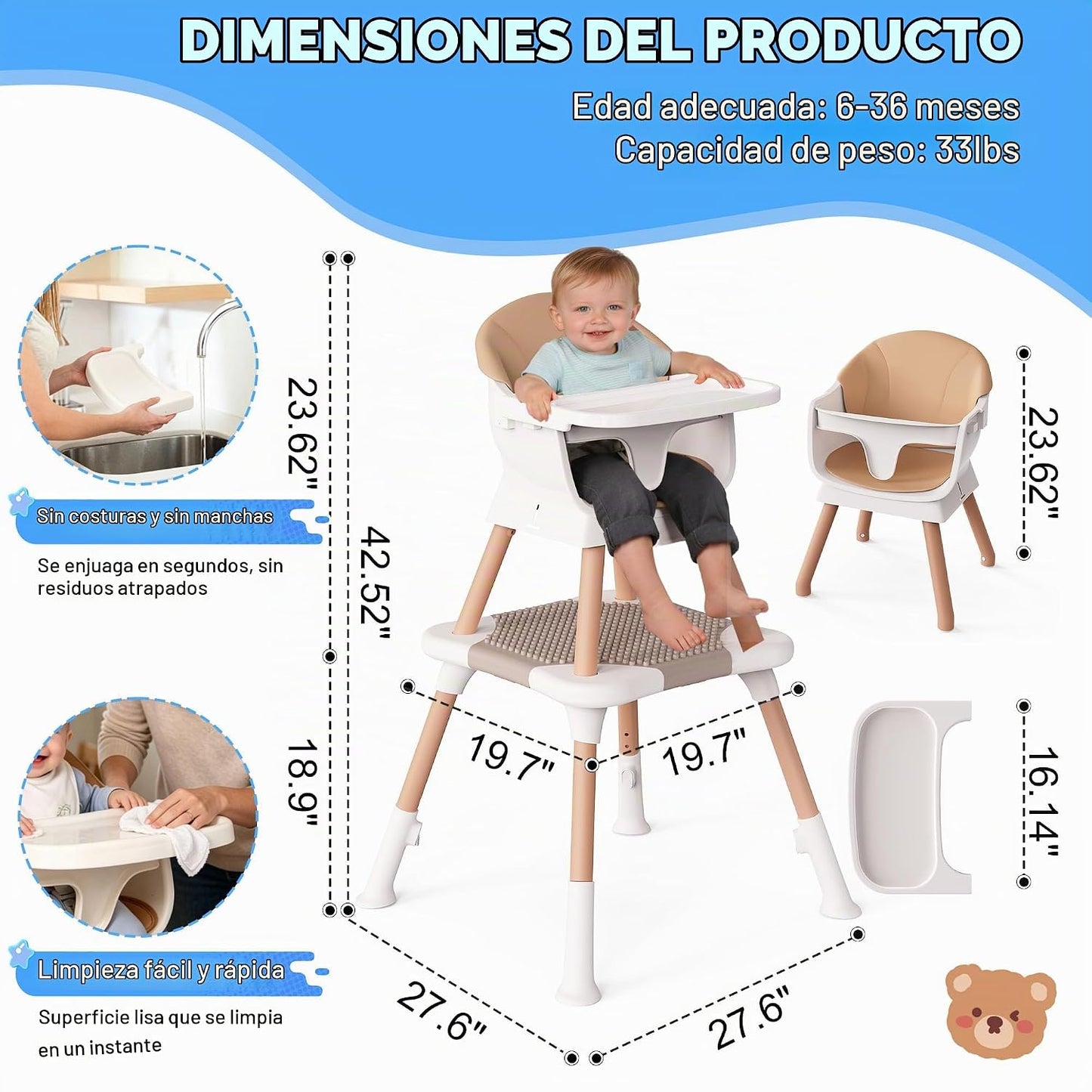 Silla alta 6 en 1 para bebés y niños pequeños, silla alta para bebé...