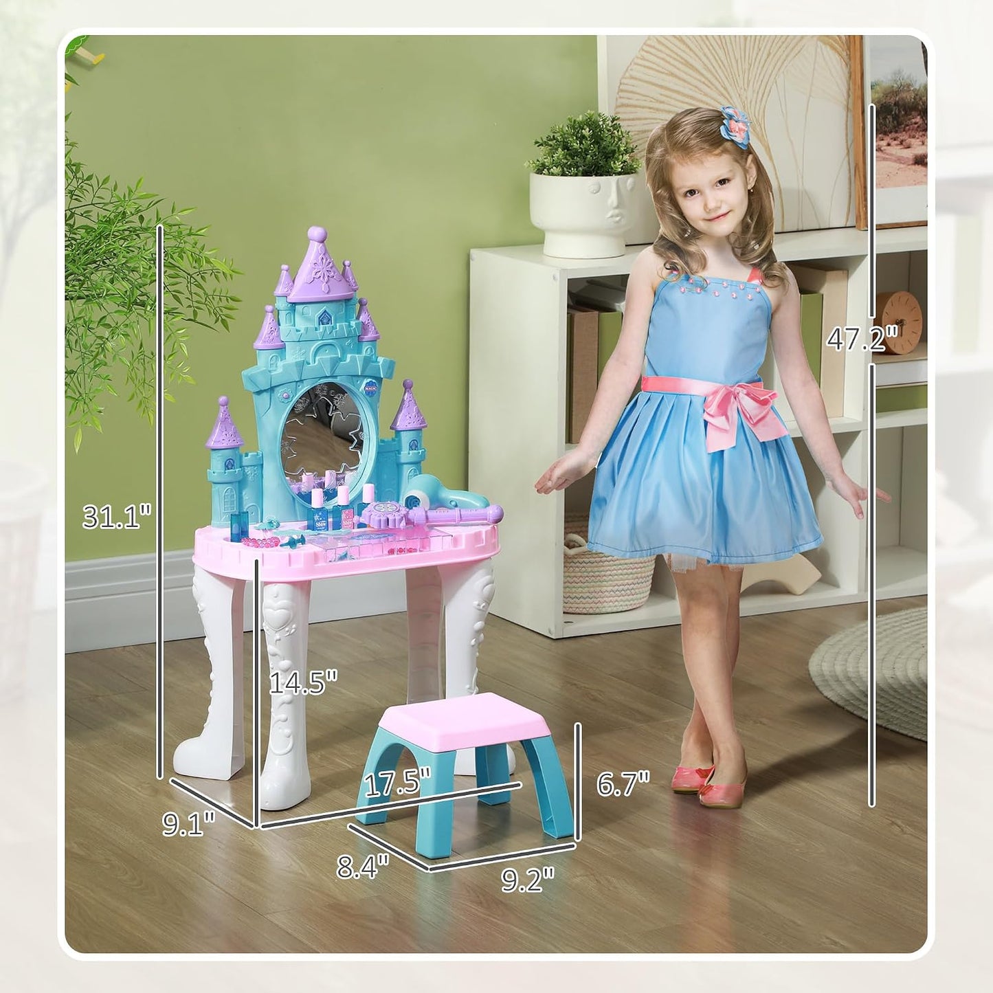 Qaba - Juego de tocador infantil con espejo y taburete para niñas d...