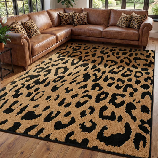 YIHOUSE Alfombras de leopardo de 5 x 7 pies, alfombra suave de felp...