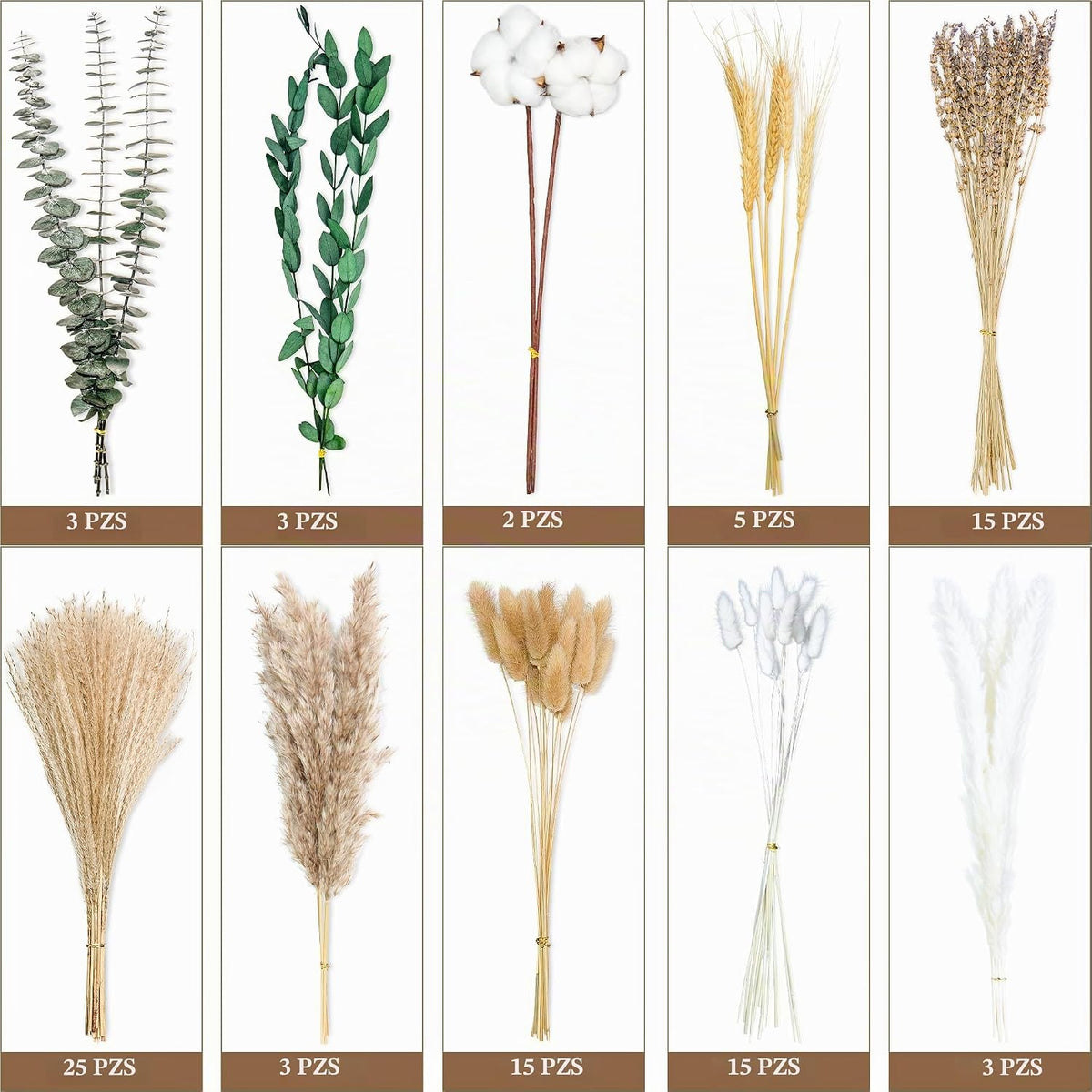 Ramo de flores secas verdes, 10 variedades de hierba de pampa con c...