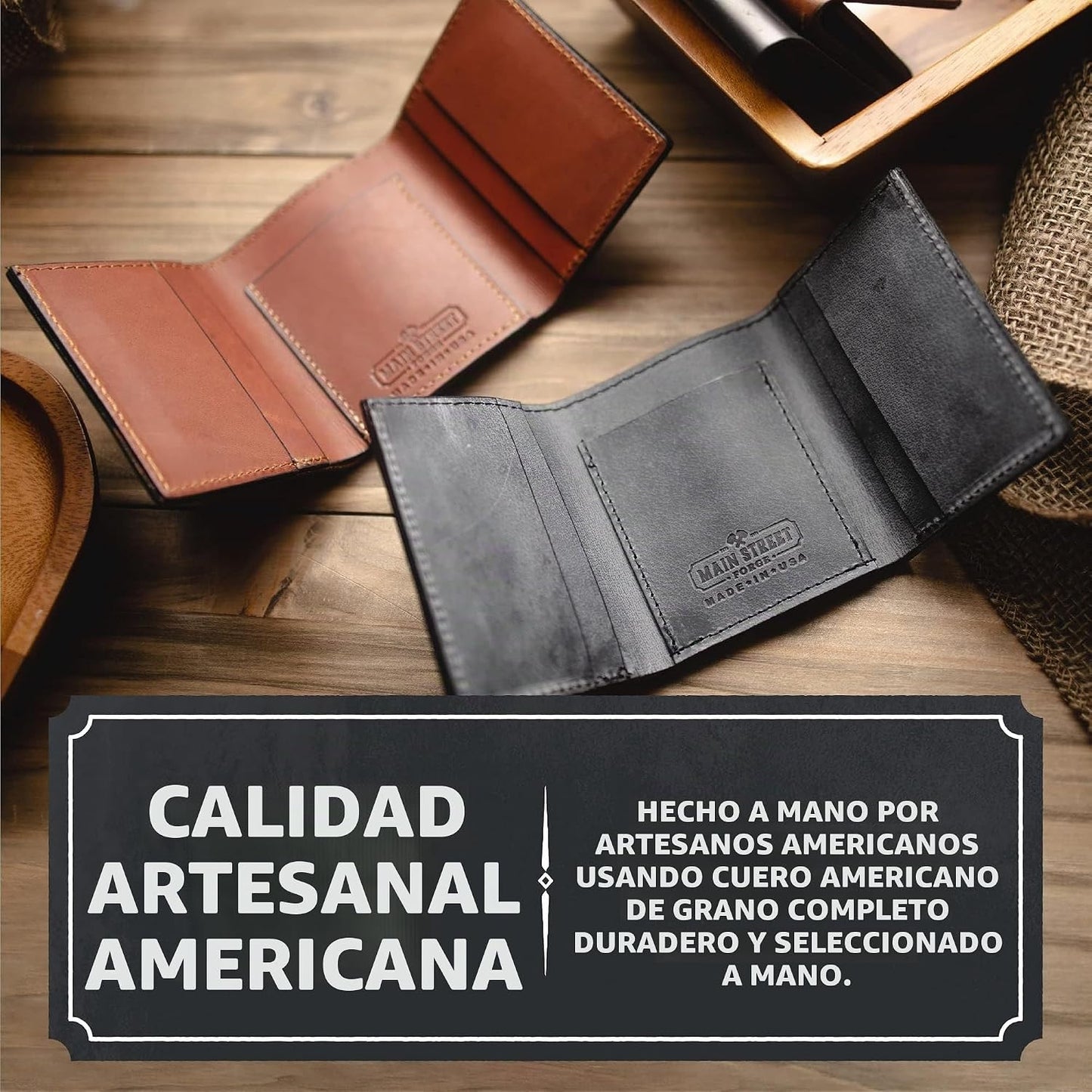 Billetera de cuero triple para hombre | Hecho en Estados Unidos | C...