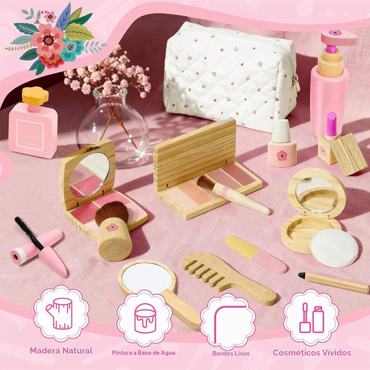 KIDBEST Juego de maquillaje de madera para niñas pequeñas [2026] Ki...