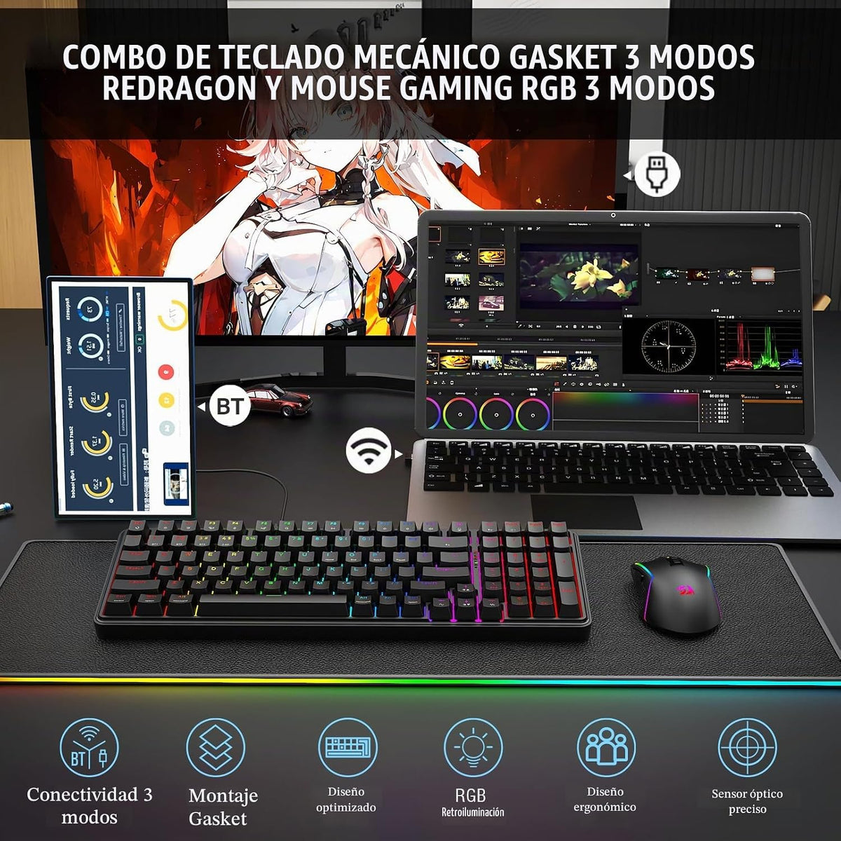 Redragon Combo de teclado y mouse para juegos S162 de 3 modos Wilre...