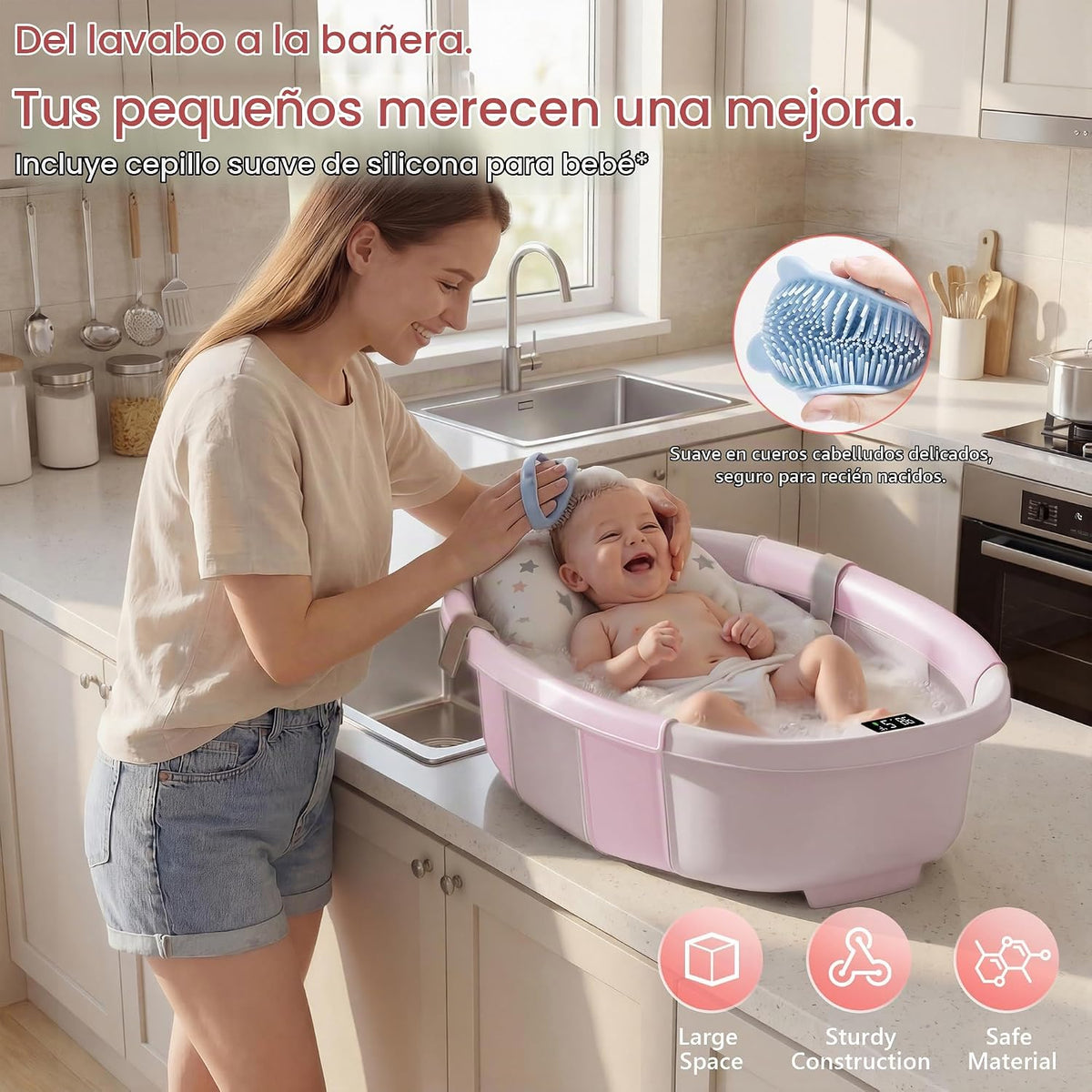 Bañera plegable para bebé, bañera grande para bebé con termómetro,...