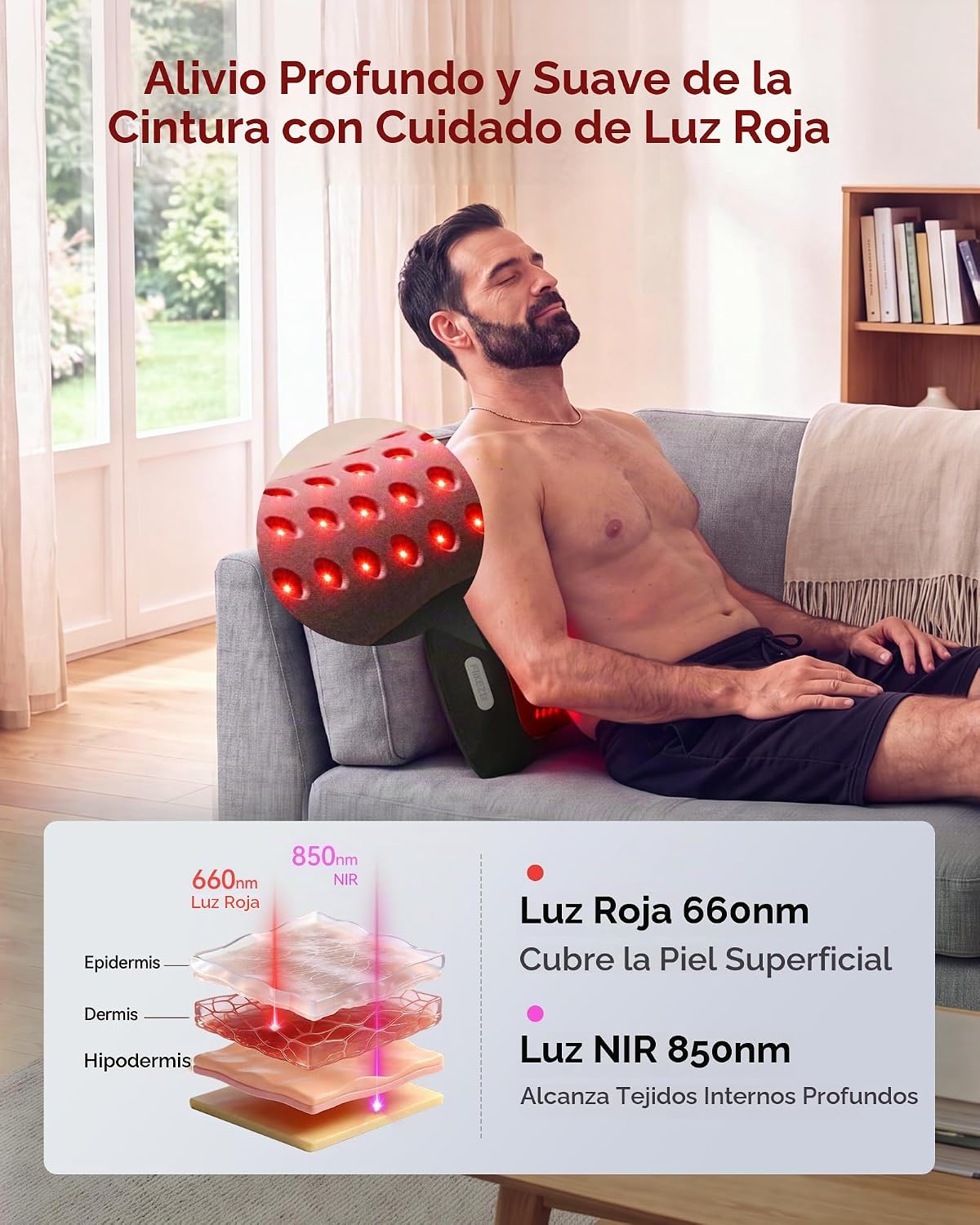 Almohada de apoyo lumbar 4 en 1 con luz roja 650 nm 850 nm, masajea...