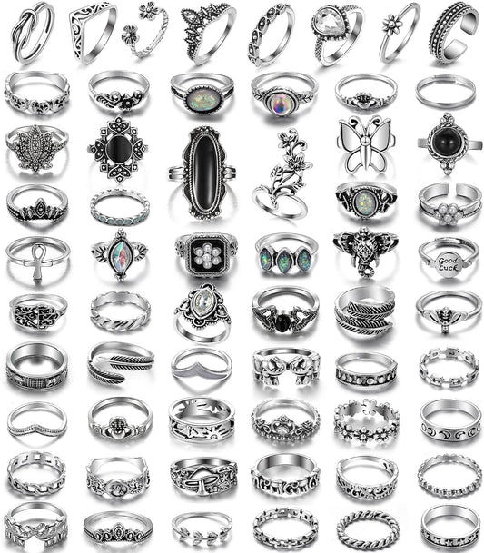 17IF Juego de anillos de nudillos plateados vintage para mujeres y...