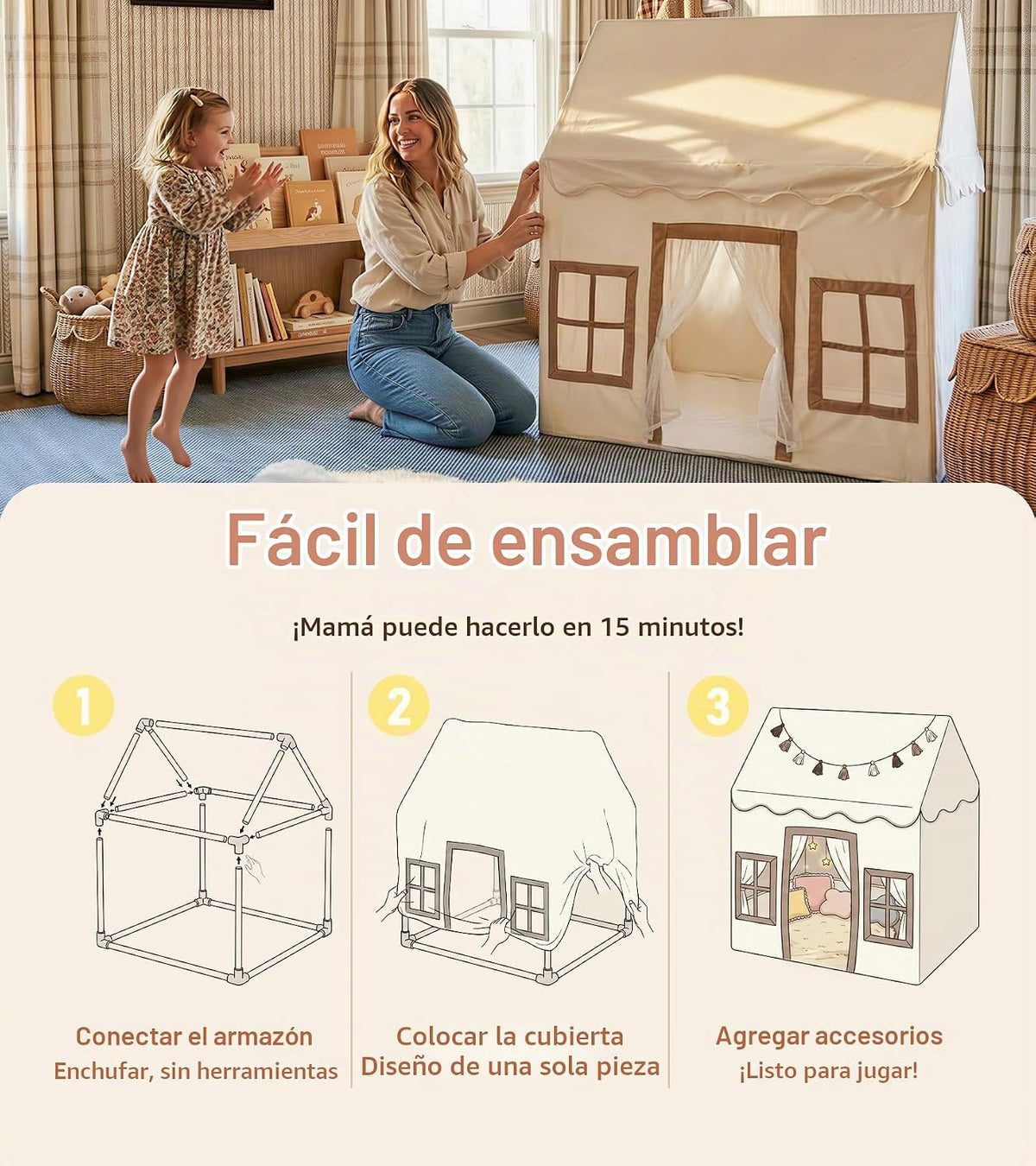 Tienda de campaña con alfombra, luz de estrella, gran casa de juego...