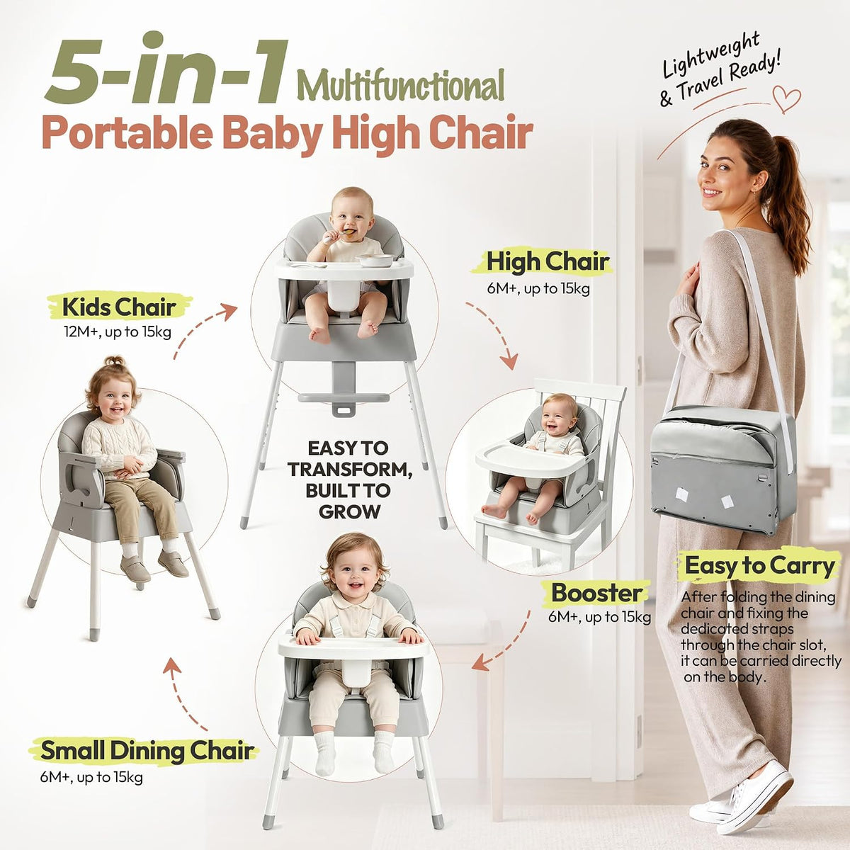 Silla alta plegable 5 en 1, silla alta convertible para bebés y niñ...