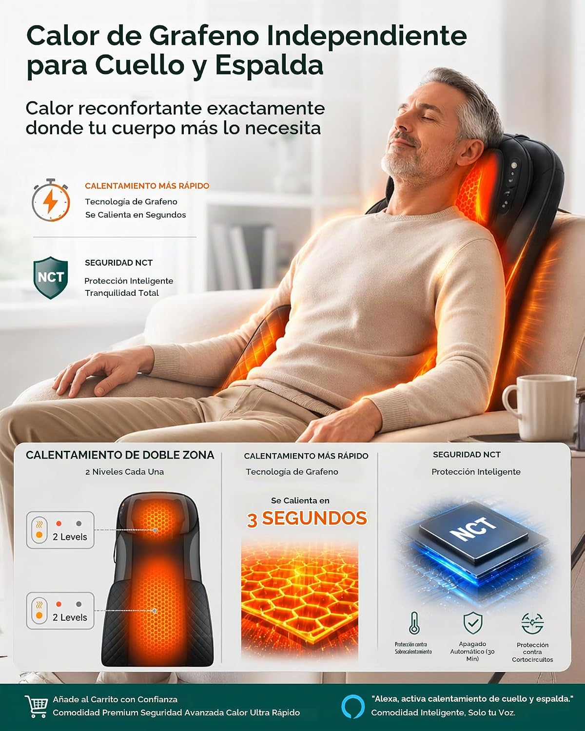 Snailax Masajeador de cuello y espalda con calor, almohadilla para...
