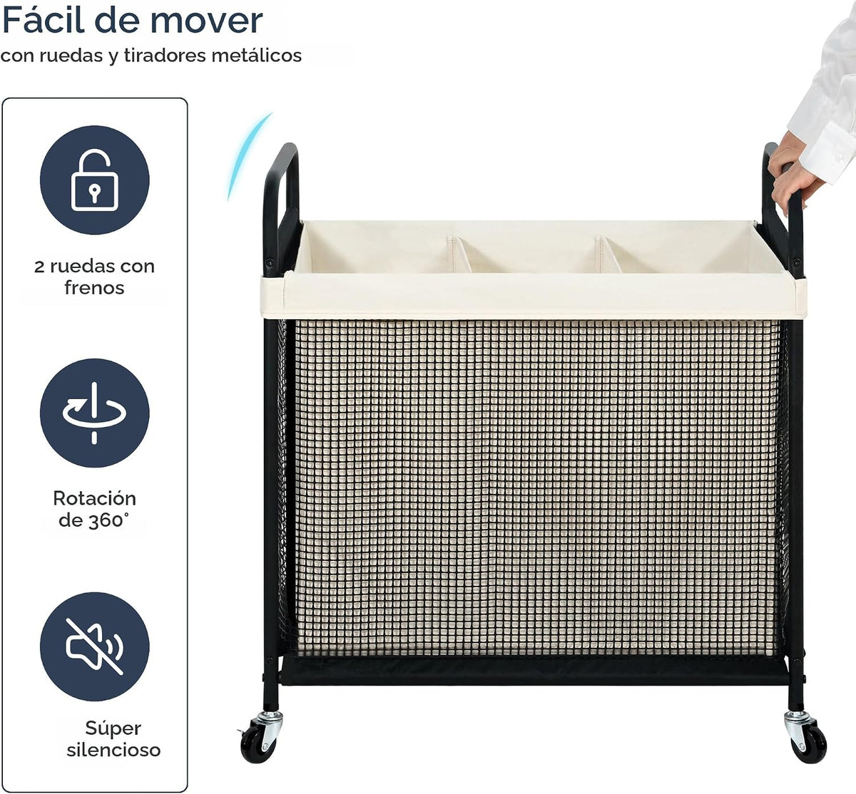 STO STO Cesta de lavandería de 3 secciones, carrito clasificador de...