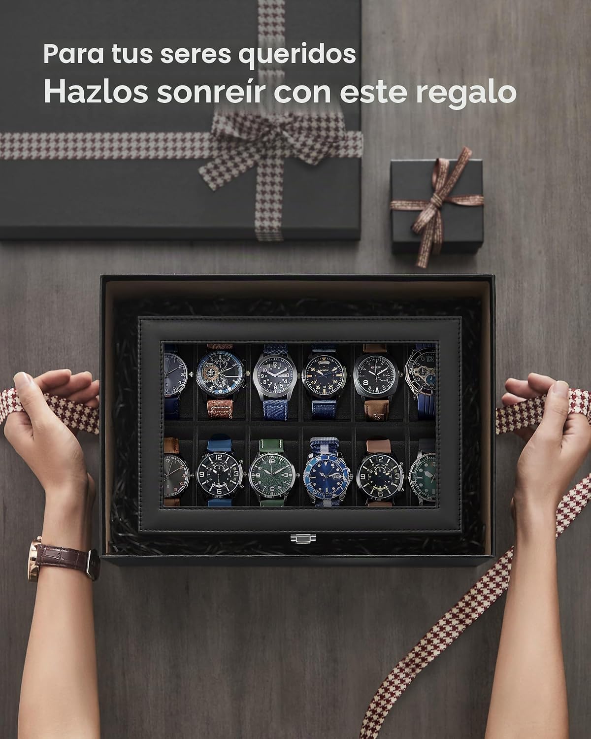SONGMICS Caja de reloj, caja de reloj de 12 ranuras con tapa de vid...
