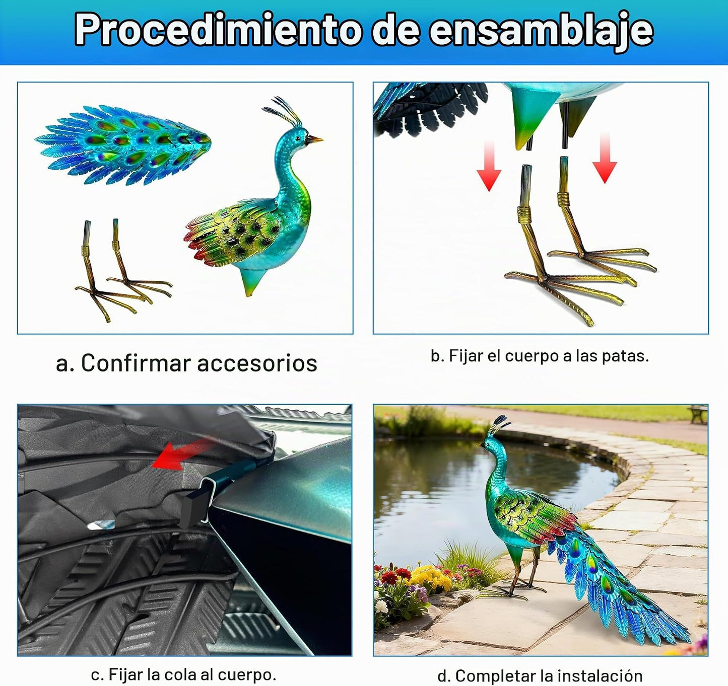 Elegante estatua de pavo real de metal, vibrante arte de pavo real...
