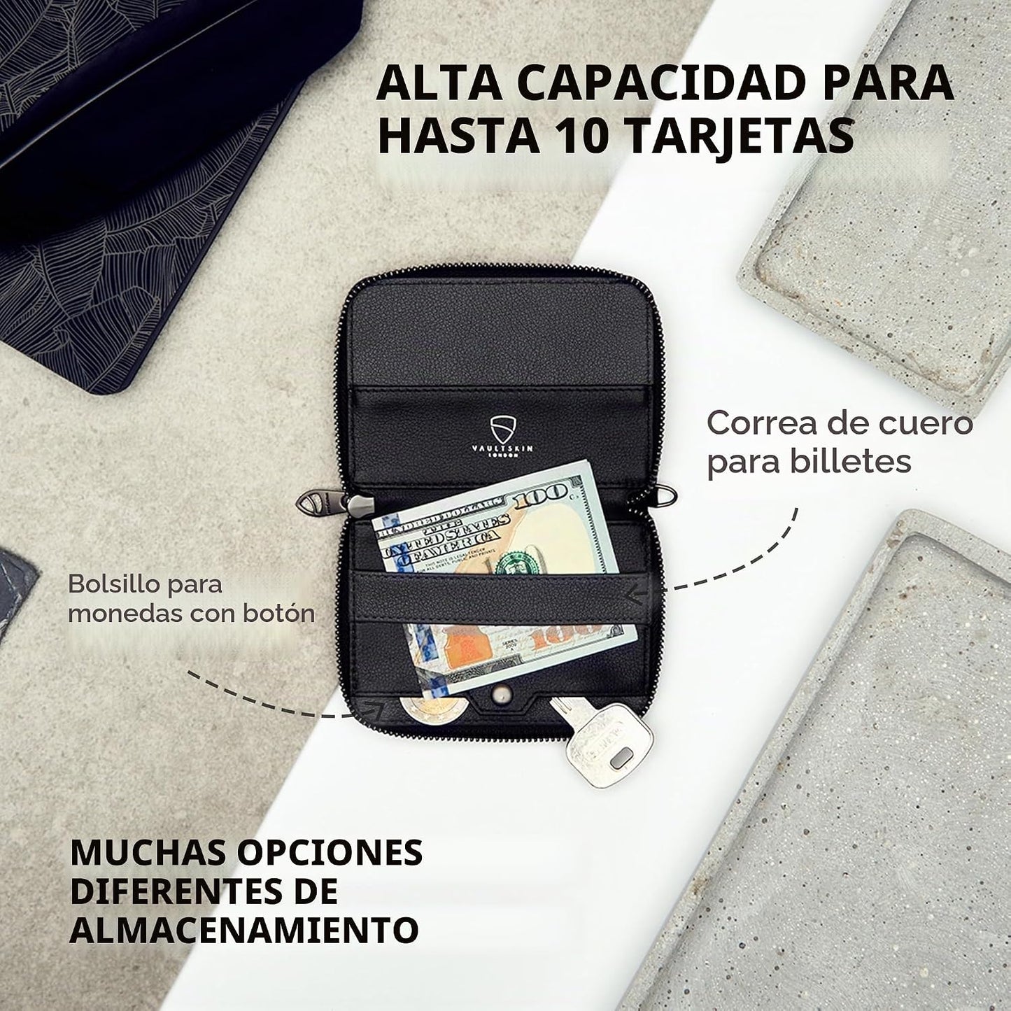 Vaultskin - Cartera de cuero con cierre de cremallera, minimalista...
