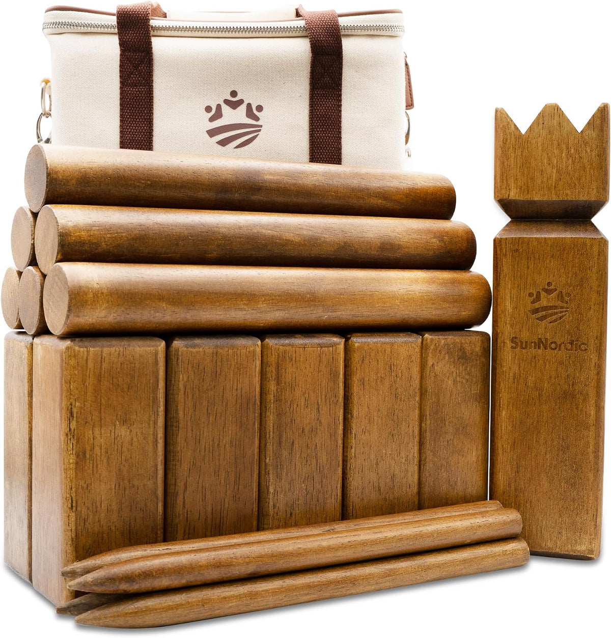 SunNordic Juego de jardín Kubb de madera de caucho con bolsa de tra...