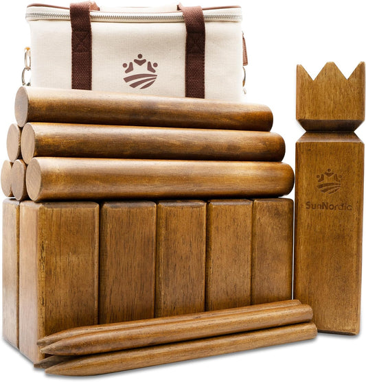 SunNordic Juego de jardín Kubb de madera de caucho con bolsa de tra...