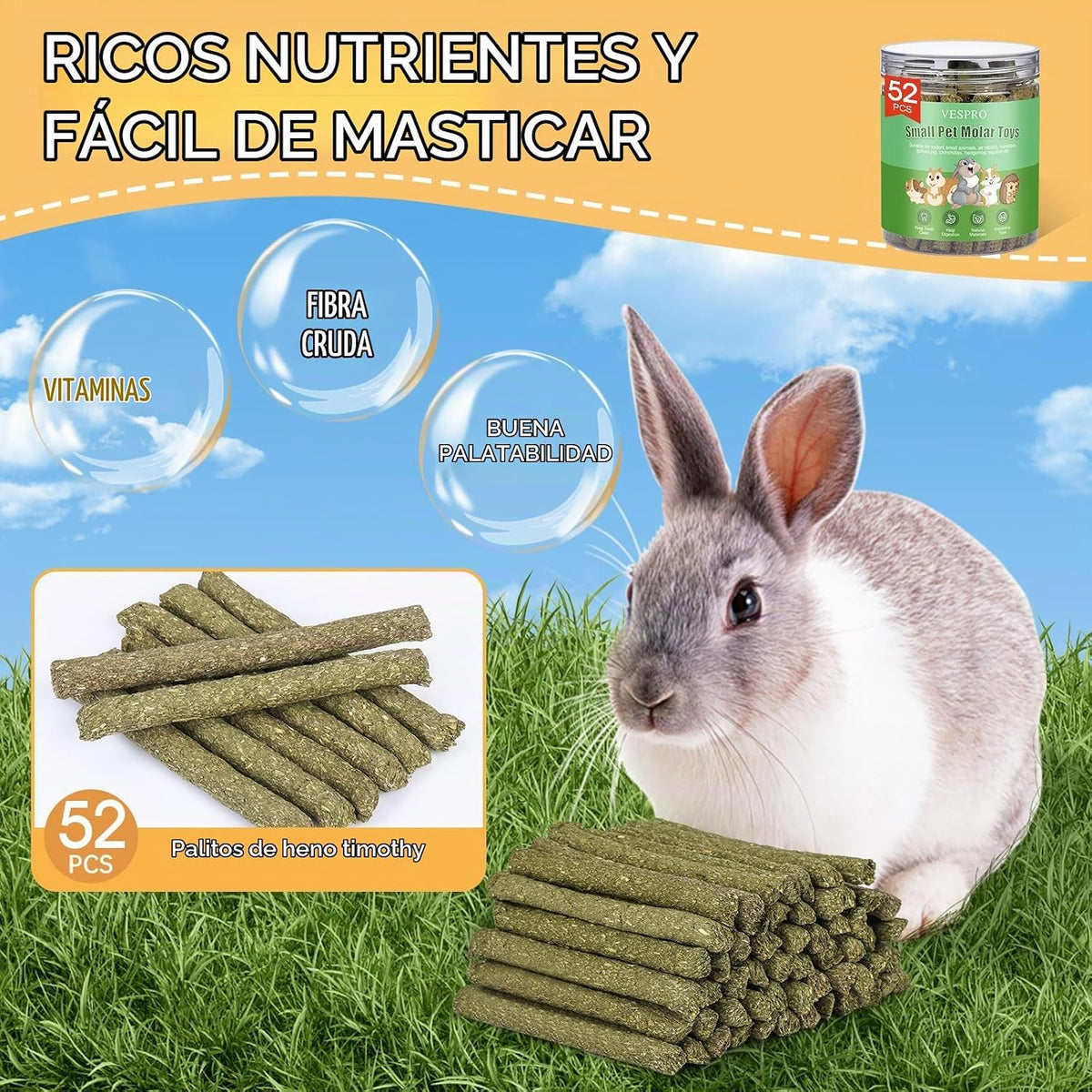 52 palitos masticables de conejo, juguetes de conejillo de indias,...