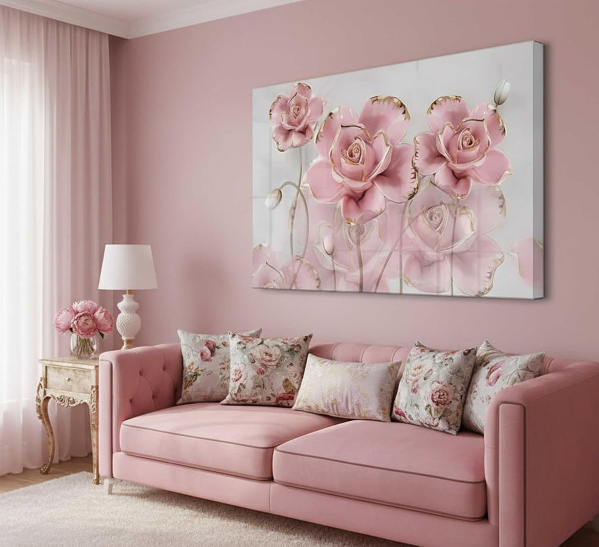 Lienzo moderno y delicado de rosas doradas rosadas, arte de pared c...