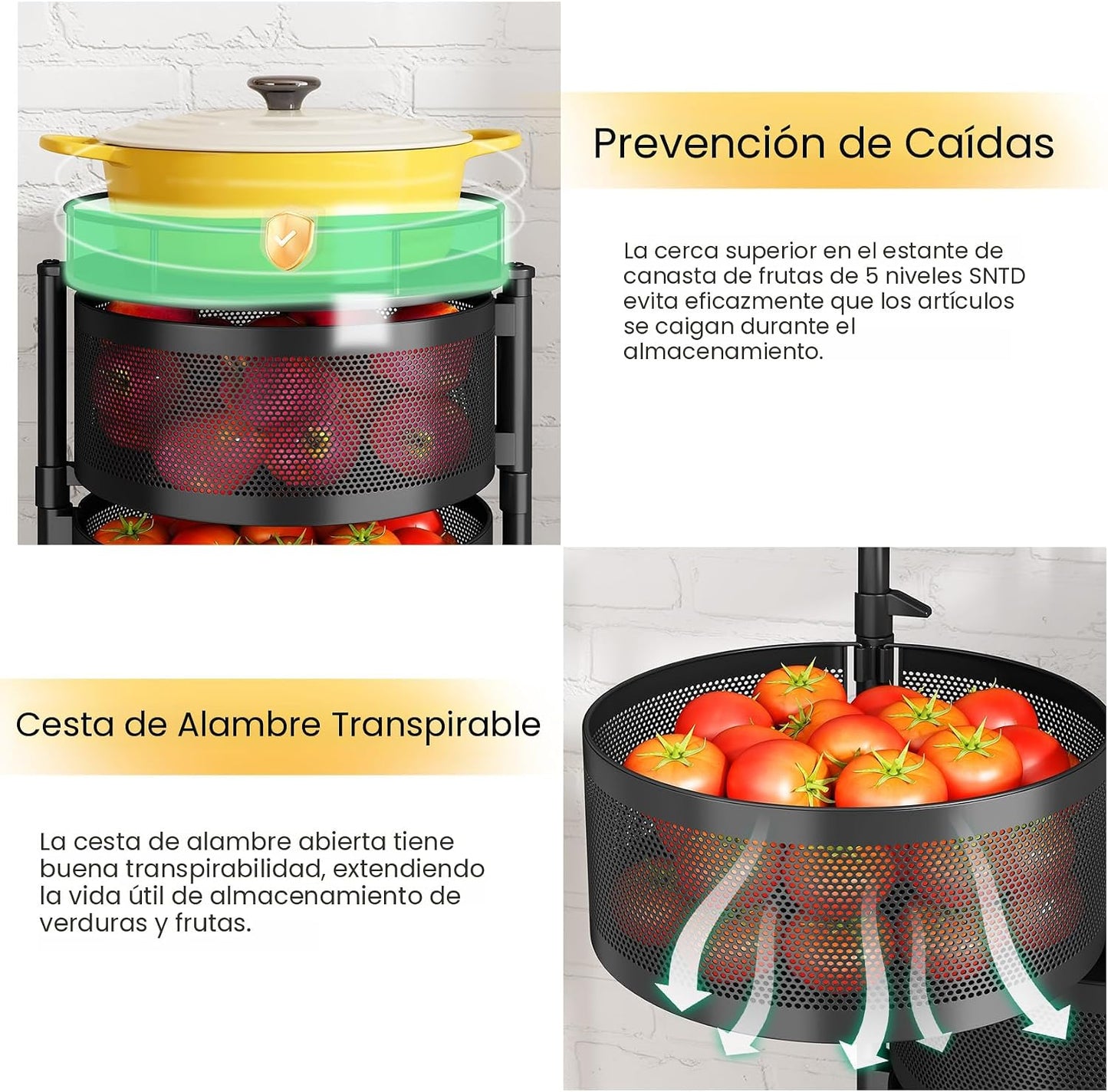 SNTD Cesta de frutas y verduras para cocina con tapa superior de me...