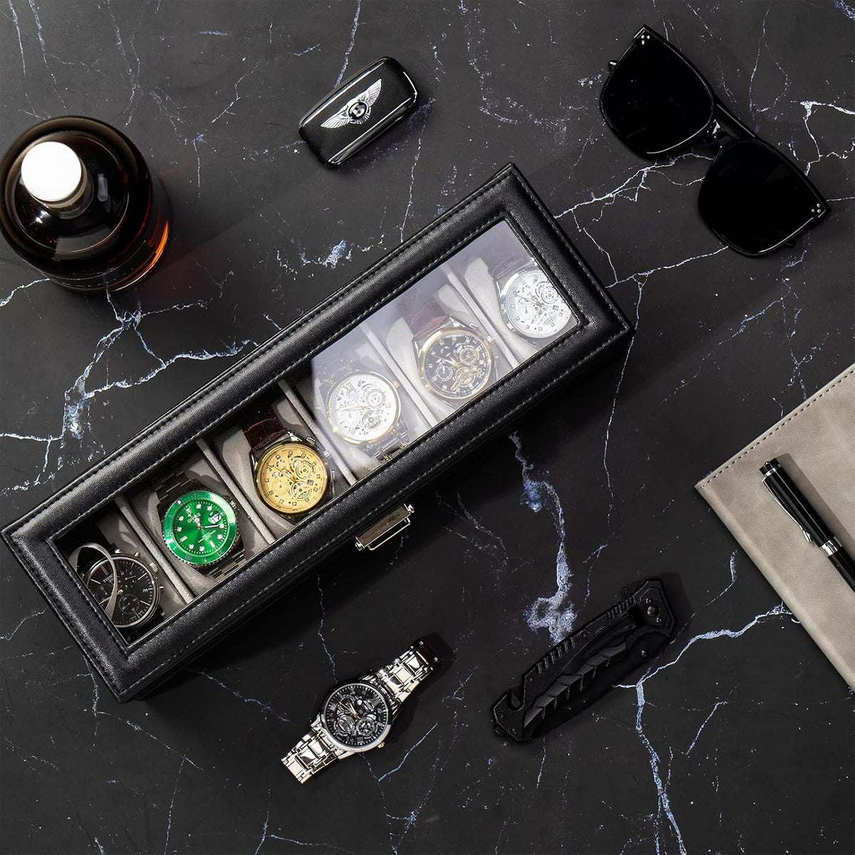 ProCase Caja de reloj, vitrina de reloj de 6 ranuras con cajón, col...