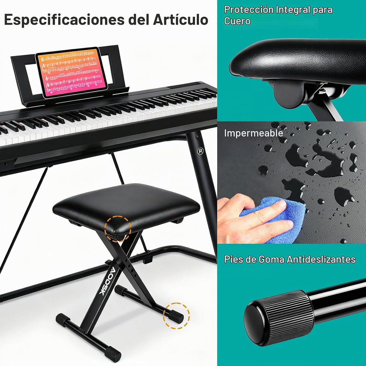 AODSK Banco para teclado estilo X con cojín acolchado, banco de pia...