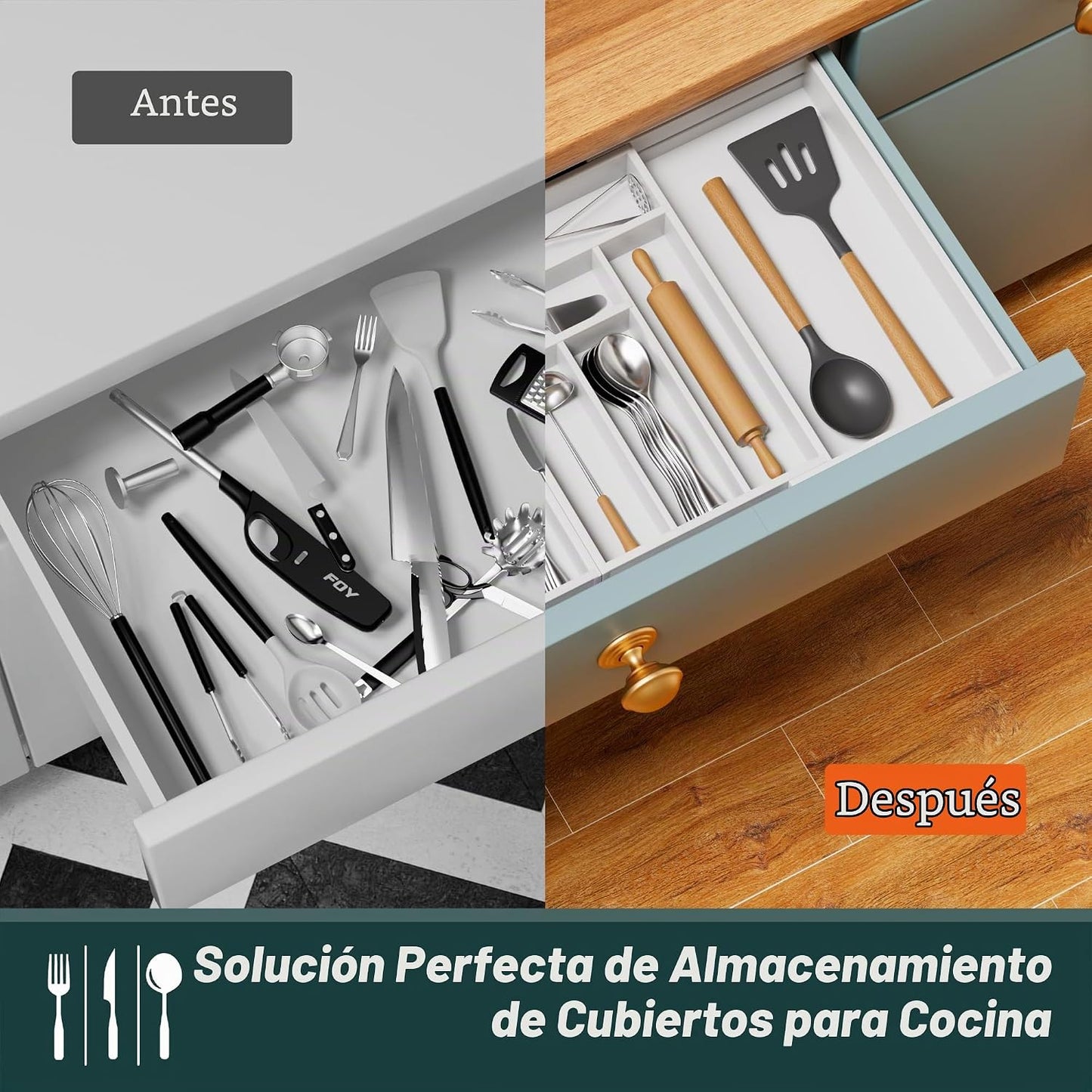 Organizador de cubiertos grande, magnético conectado expandible de...