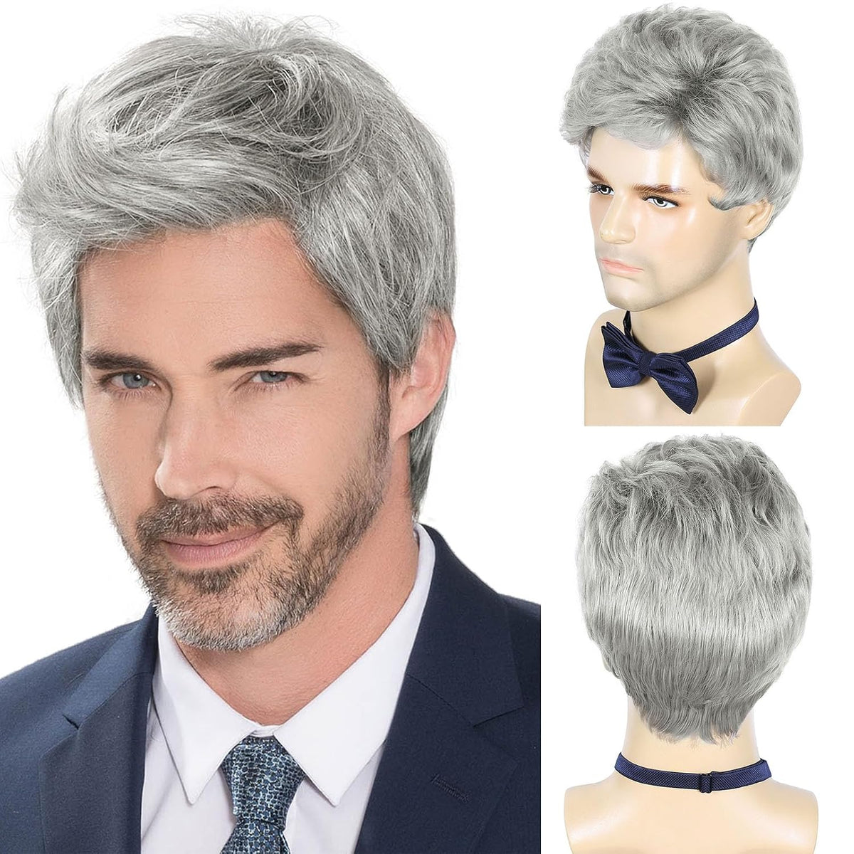 DDHAIR Peluca corta gris plateado para hombre, pelucas de cabello s...