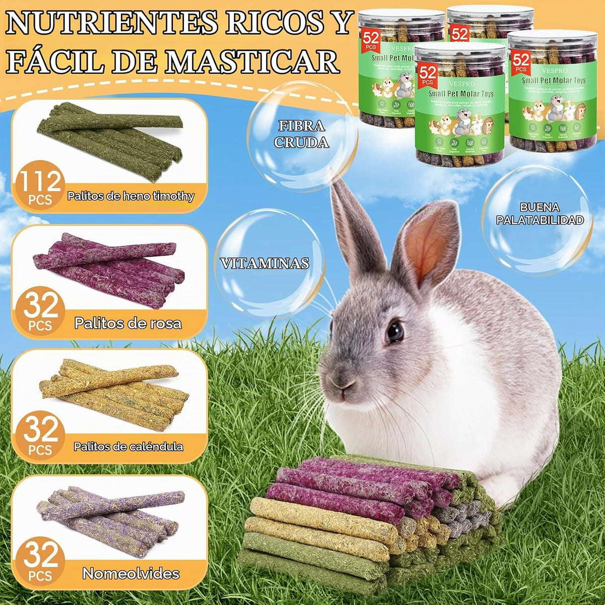 VESPRO 208 piezas de palitos para roer para conejos, juguetes para...