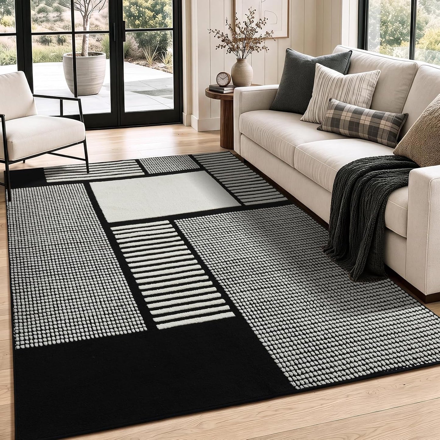 YIHOUSE Alfombra de área blanca y negra de 5 x 7, alfombra lavable...