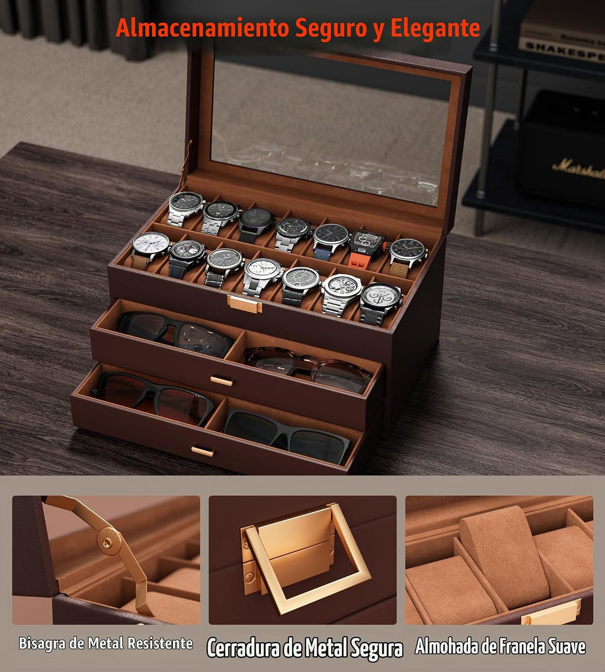 sensok Caja de reloj para hombre, 14 ranuras, 3 capas, organizador...