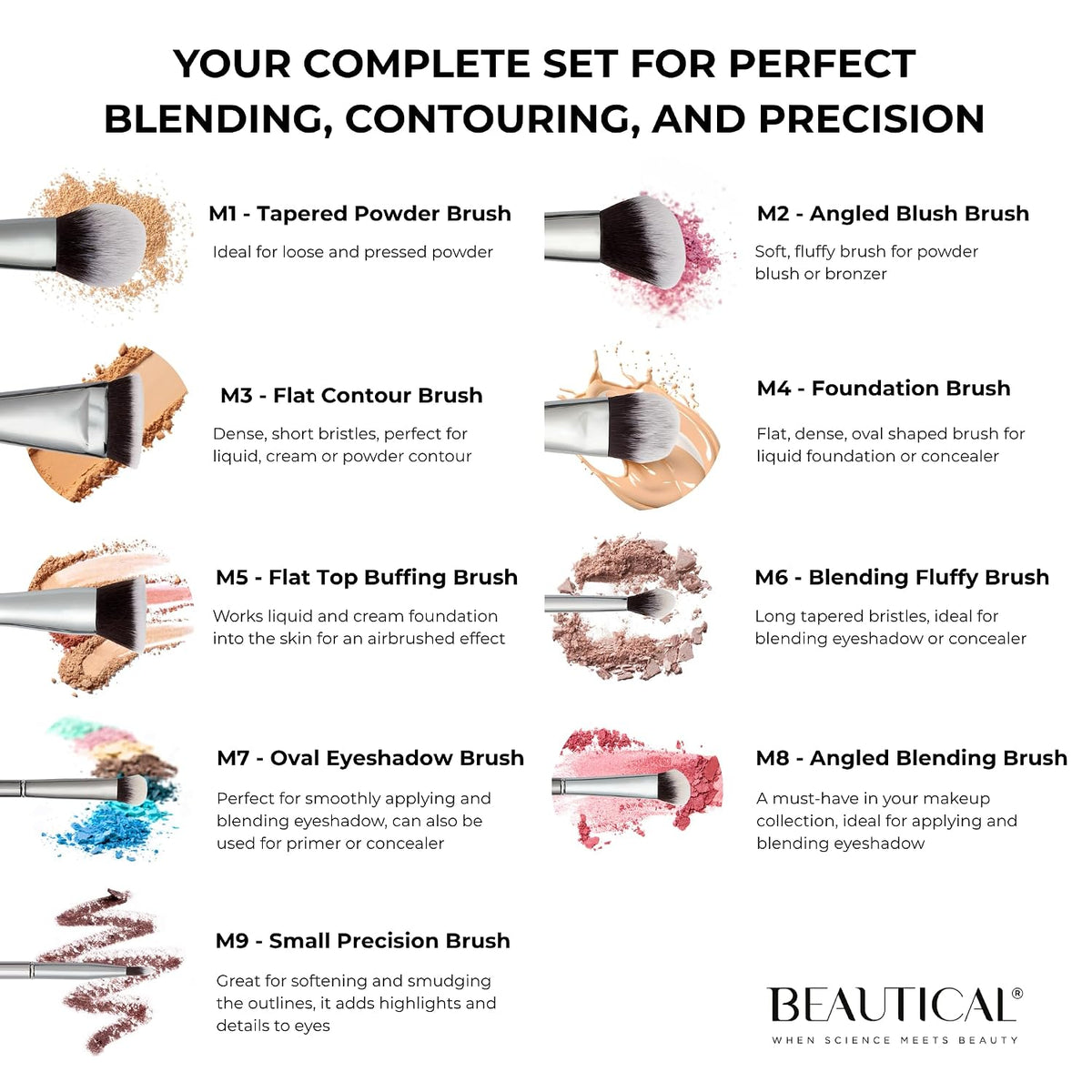 BEAUTICAL Juego de brochas de maquillaje profesional \u2013 9 broch...