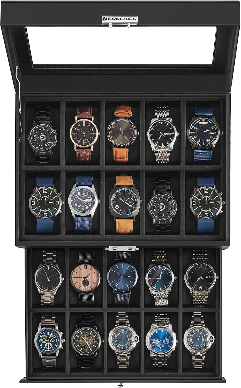 SONGMICS Caja de reloj de 20 ranuras, 2 capas, tapa de cristal, con...