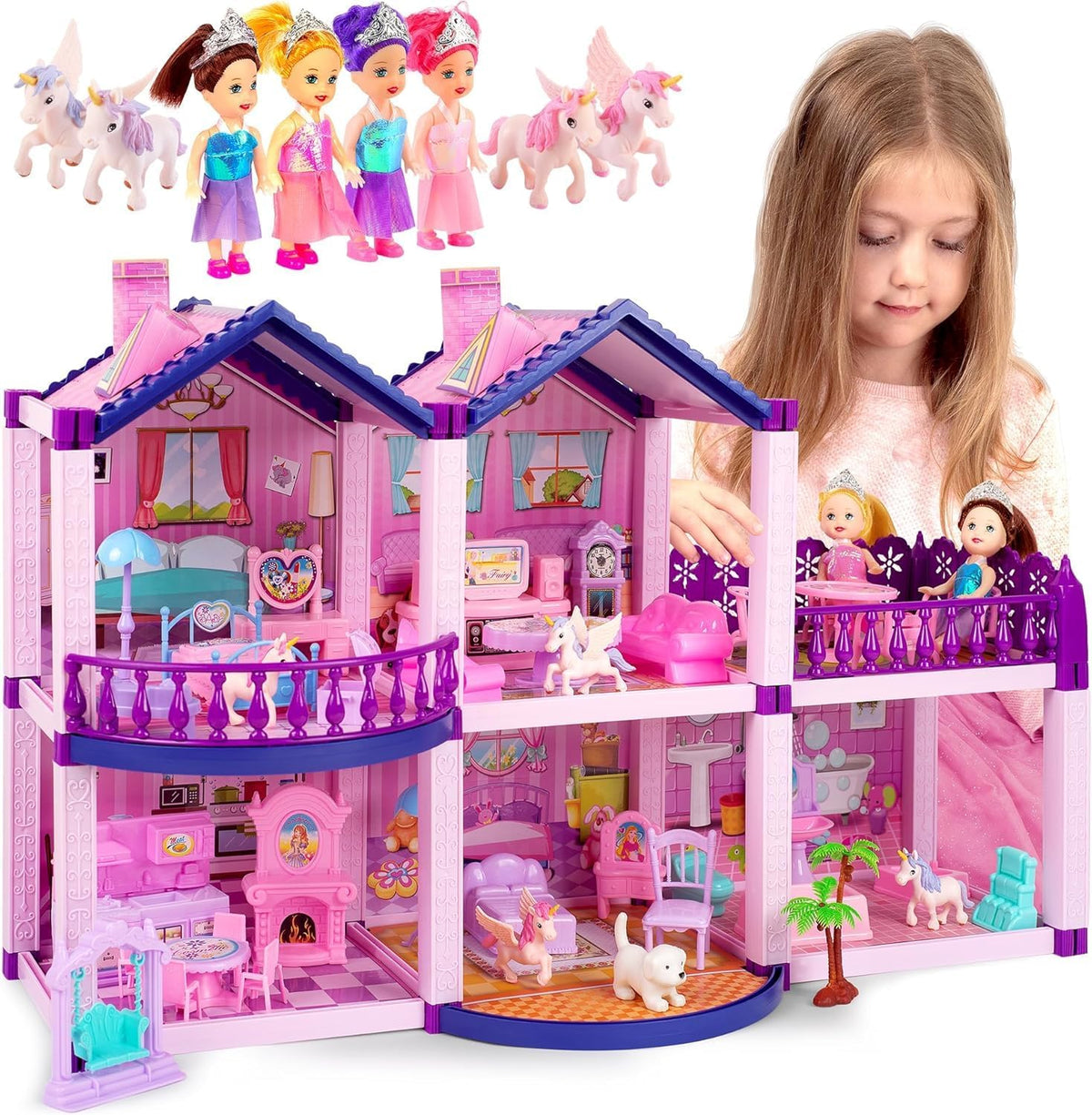 Casa de muñecas con 4 princesas, 4 unicornios, perro, muebles y acc...