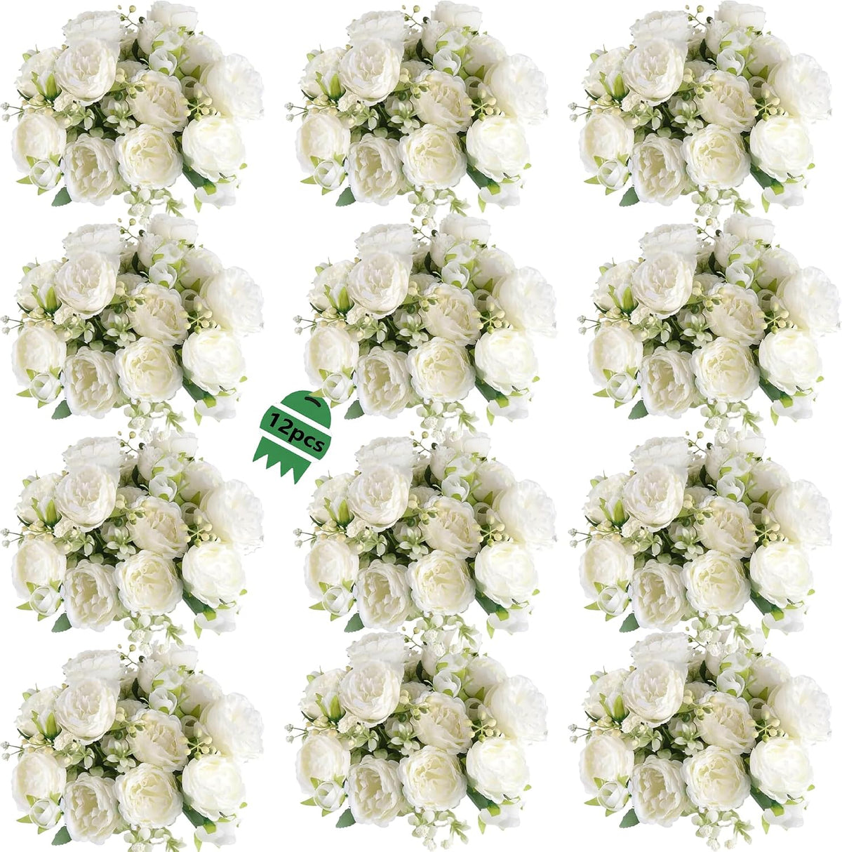 12 ramos de peonías artificiales de flores blancas, peonías falsas...
