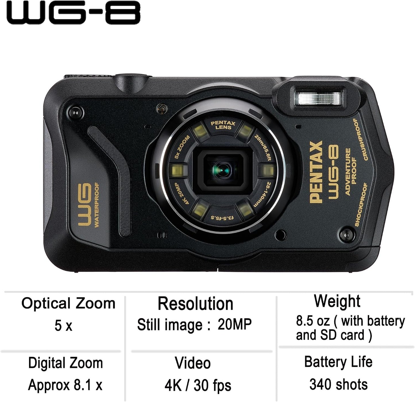 PENTAX WG-8 - Cámara de aventura negra para todo tipo de clima, con...