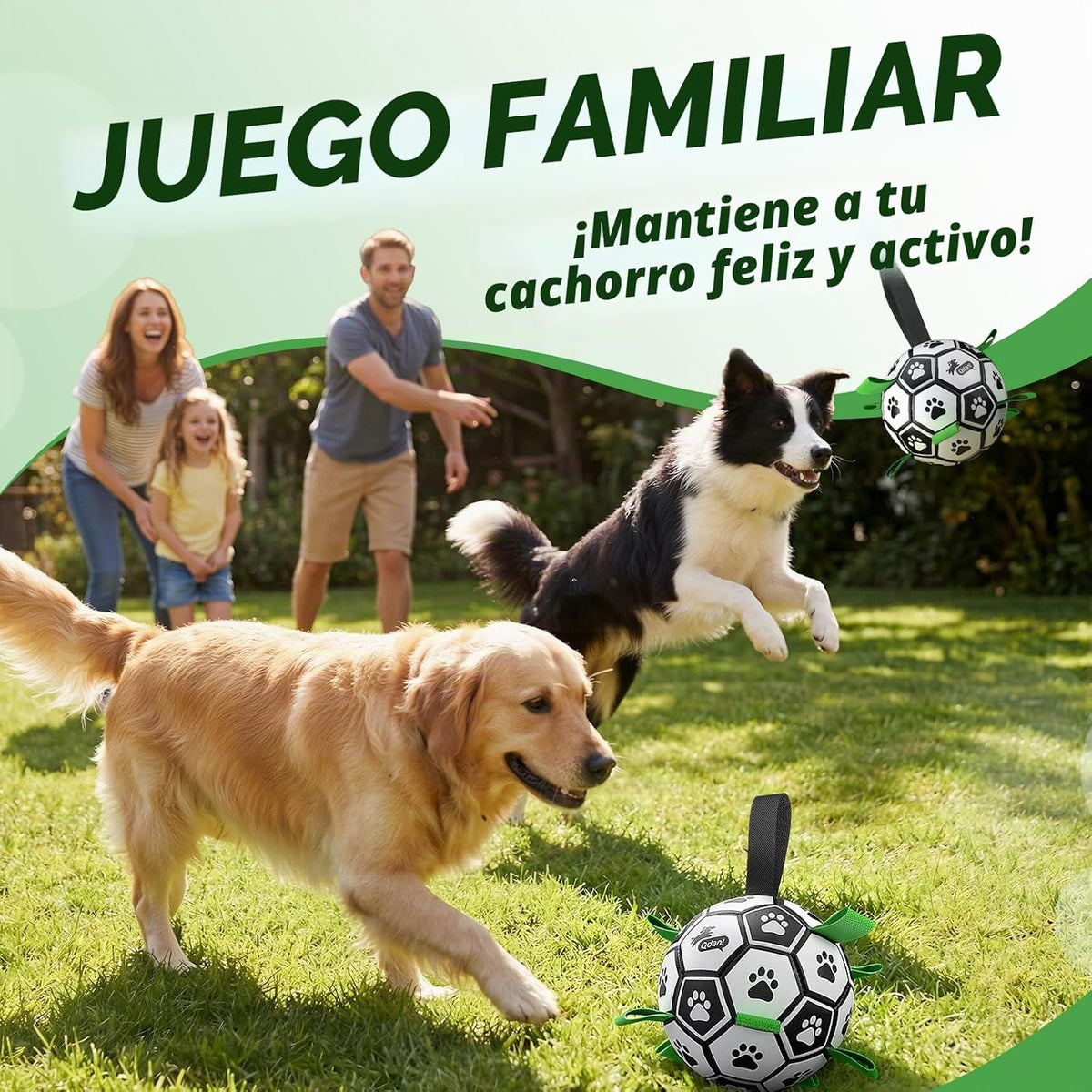 QDAN Juego de 2 pelotas de fútbol para perros con correas, juguetes...