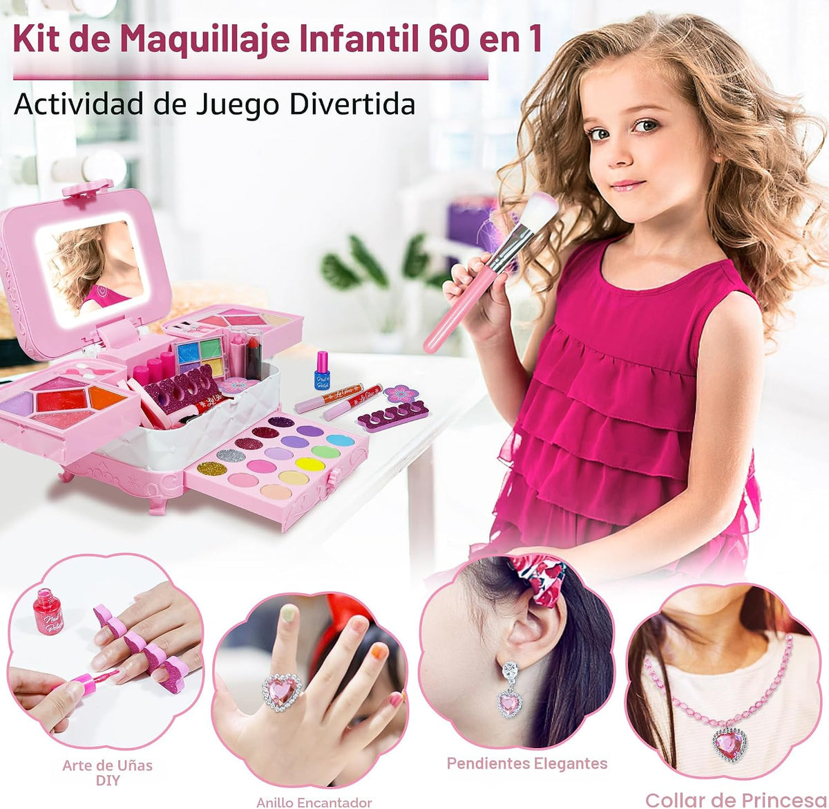 YasinKidz Kit de maquillaje 60 en 1 para niños, con espejo de maqui...