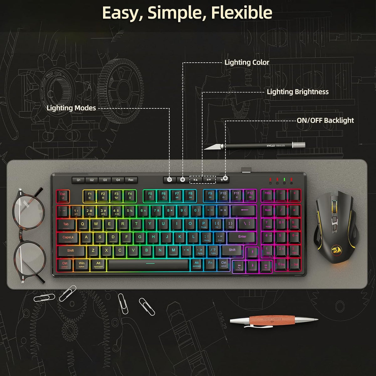 Redragon K517 Pro teclado inalámbrico para juegos, retroiluminación...