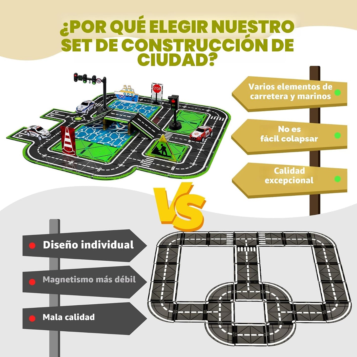 Conjunto de azulejos magnéticos de carretera con coche de retroceso...