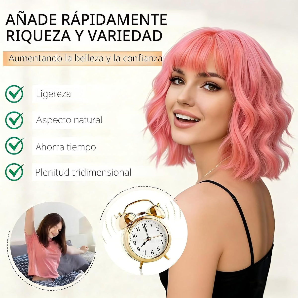 AGO Pelucas de cabello corto ondulado color rosa, peluca estilo Bob...