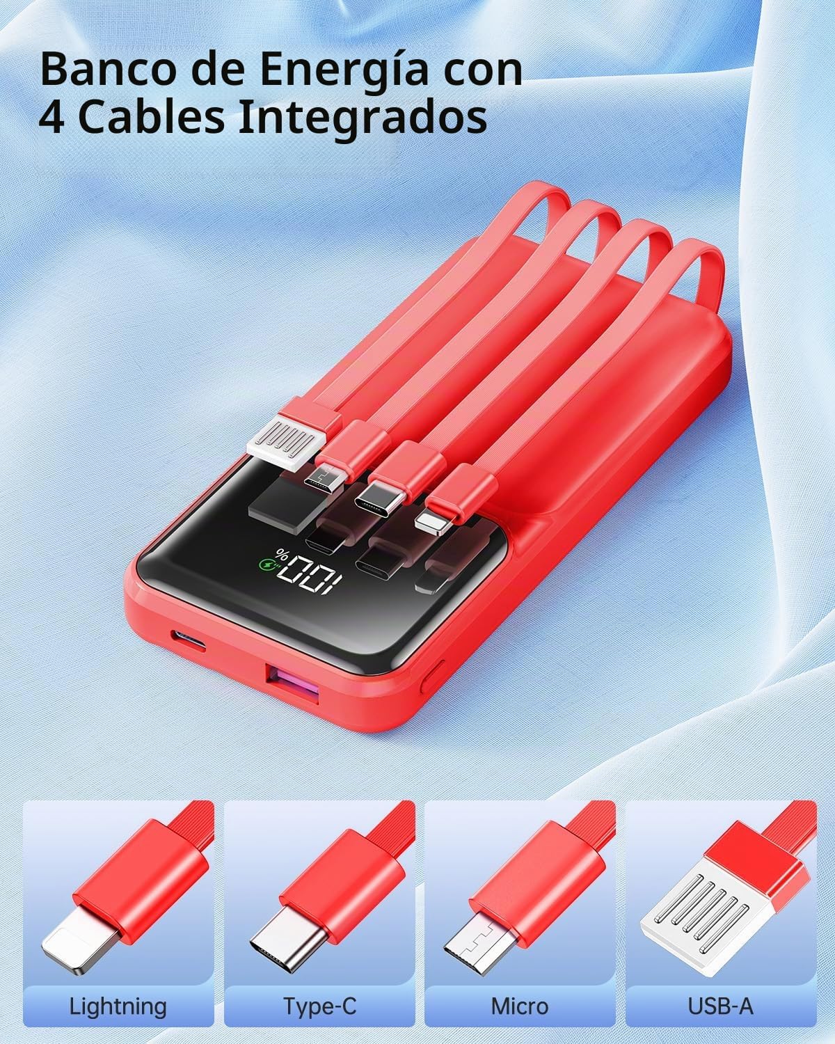 RONEGN Cargador portátil con cable incorporado 10000 mAh USB C Powe...