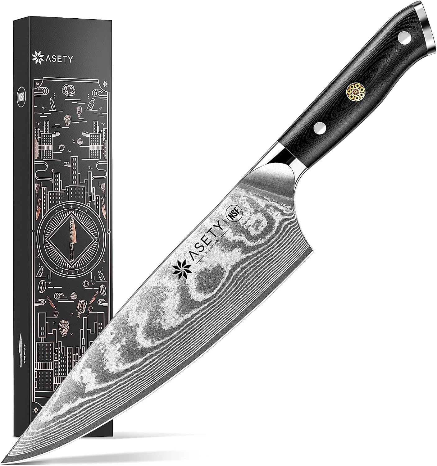 ASETY Cuchillo de chef de Damasco de 8 pulgadas, cuchillo japonés c...