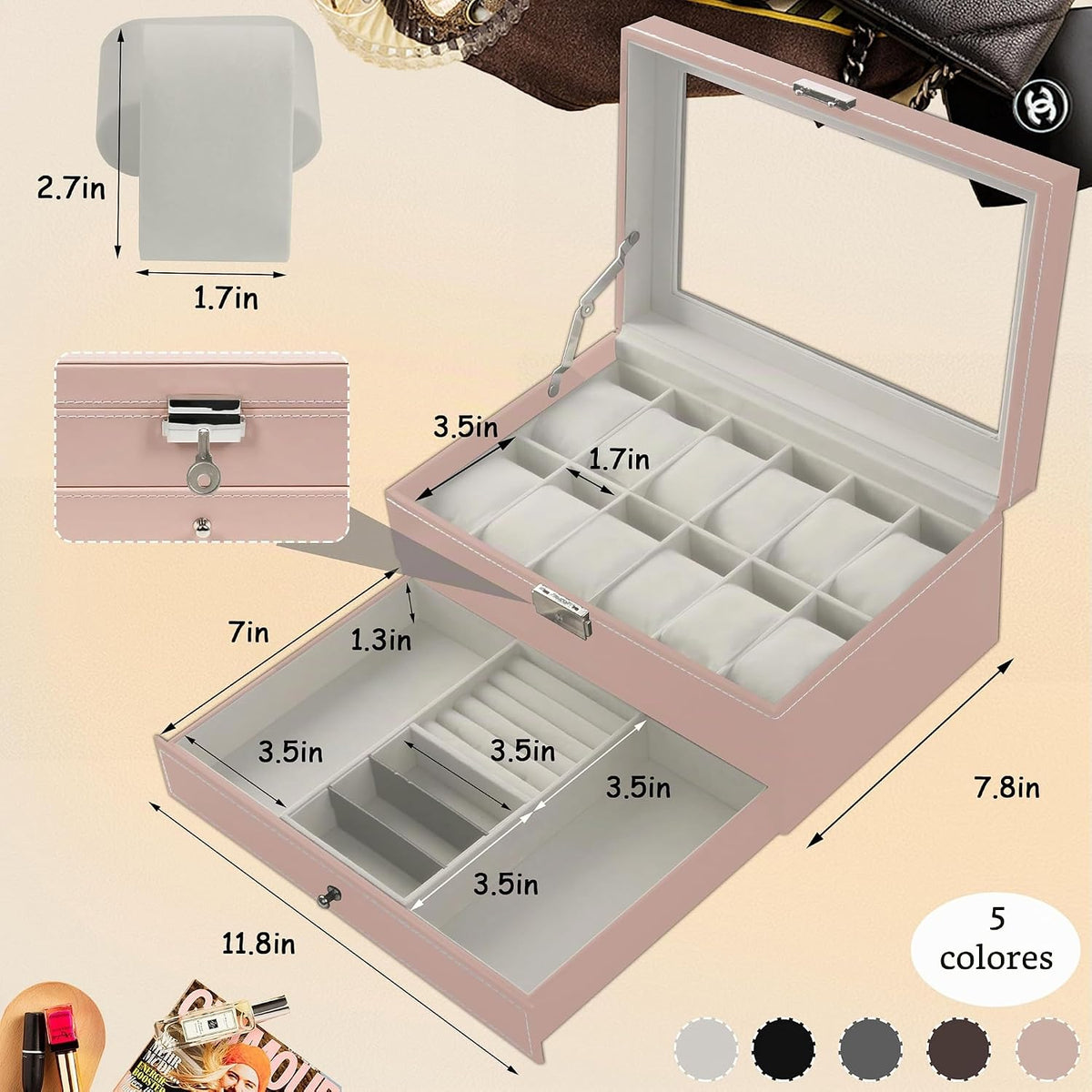 Ogrmar Cajas de almacenamiento de relojes con 12 ranuras de cuero P...