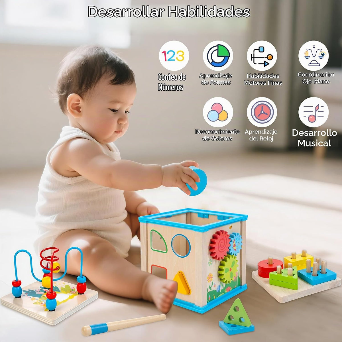 WOODMAM Cubo de Actividades de Madera 7 en 1, Juguetes Montessori p...