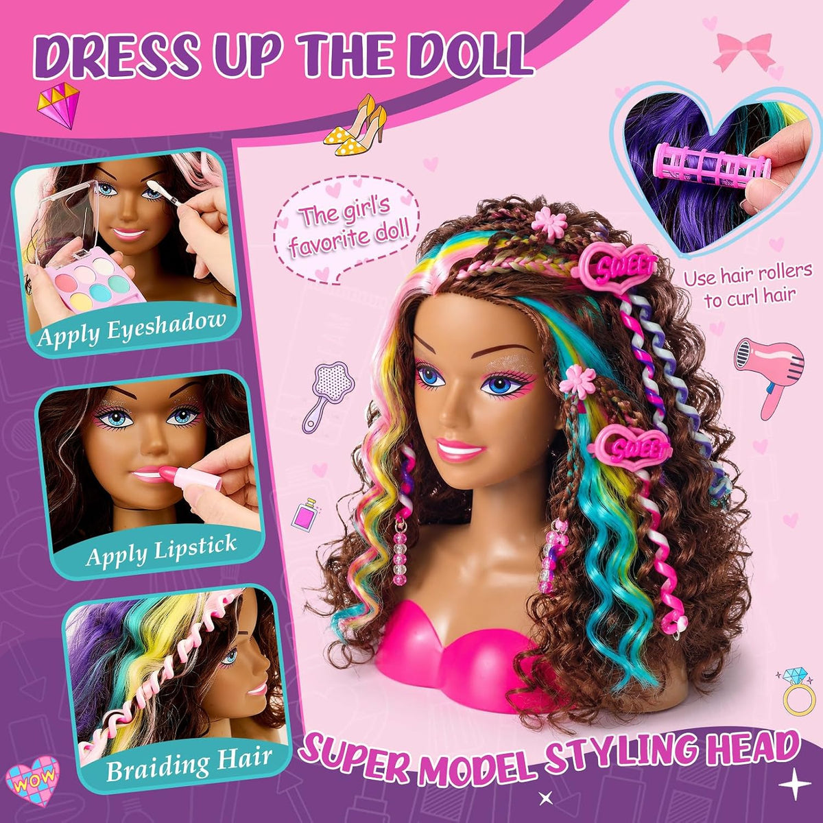 Cabeza de muñeca para peinar el cabello, muñeca negra de 9 pulgadas...
